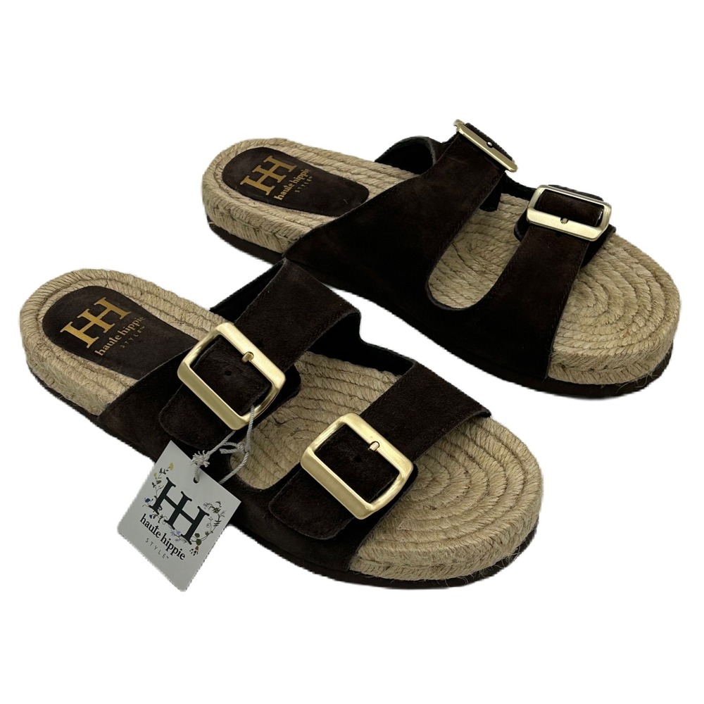 Haute Hippie Womens Brown Suede Espadrille Platform Sandals Buckle Slide 9